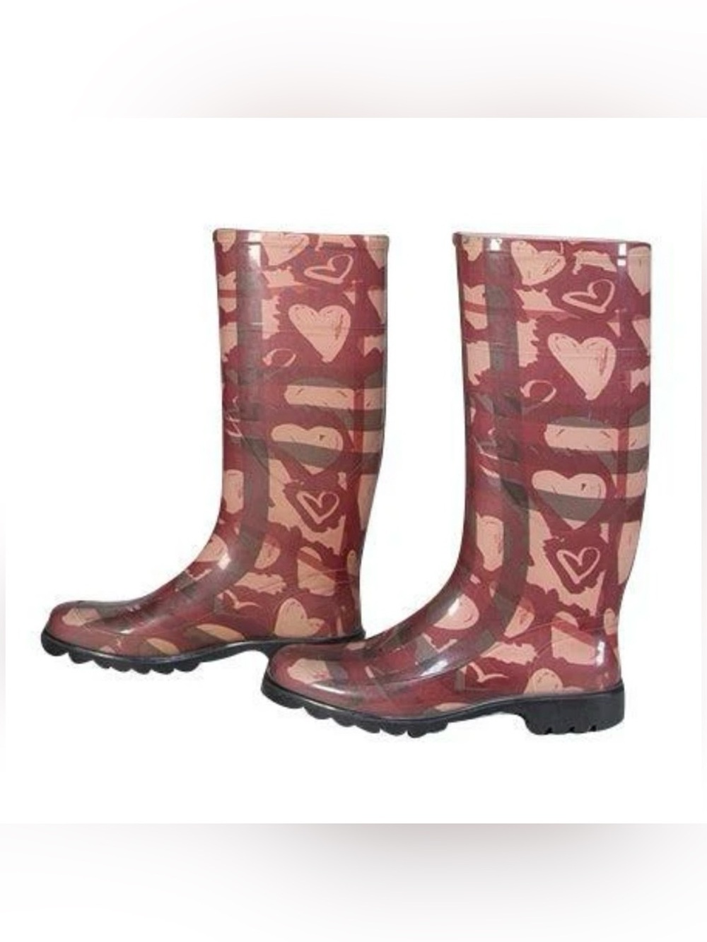 Burberry Red & Cream Graffiti
Nova Check
Heart Print Tall Rain Boots Sz 7 $450